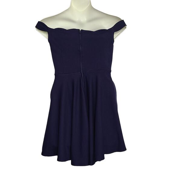 Modcloth Dress Large Off Shoulder Scalloped Collar Blue Navy Pockets - Picture 2 of 5